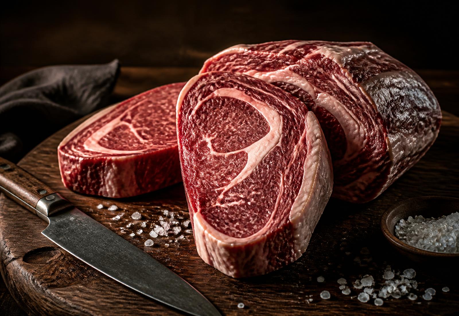 Cortes de carne selecionados sobre tábua de madeira